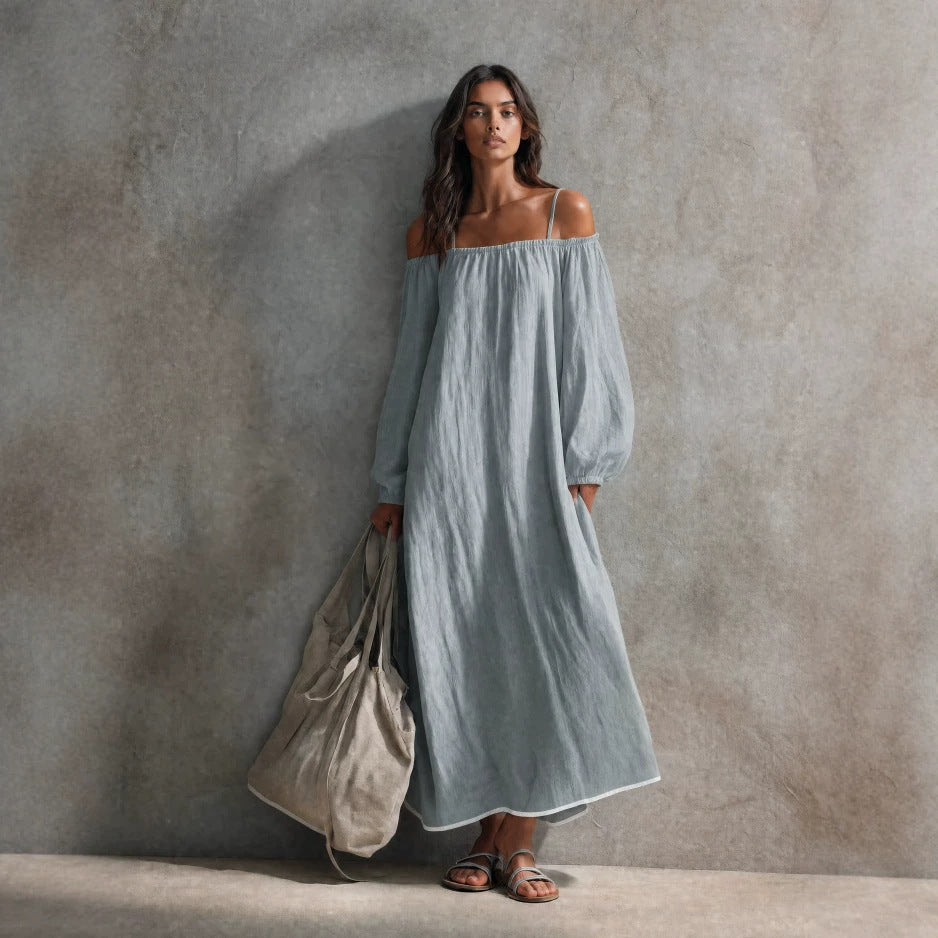 Women's Solid Color Lantern Sleeve Long Dress