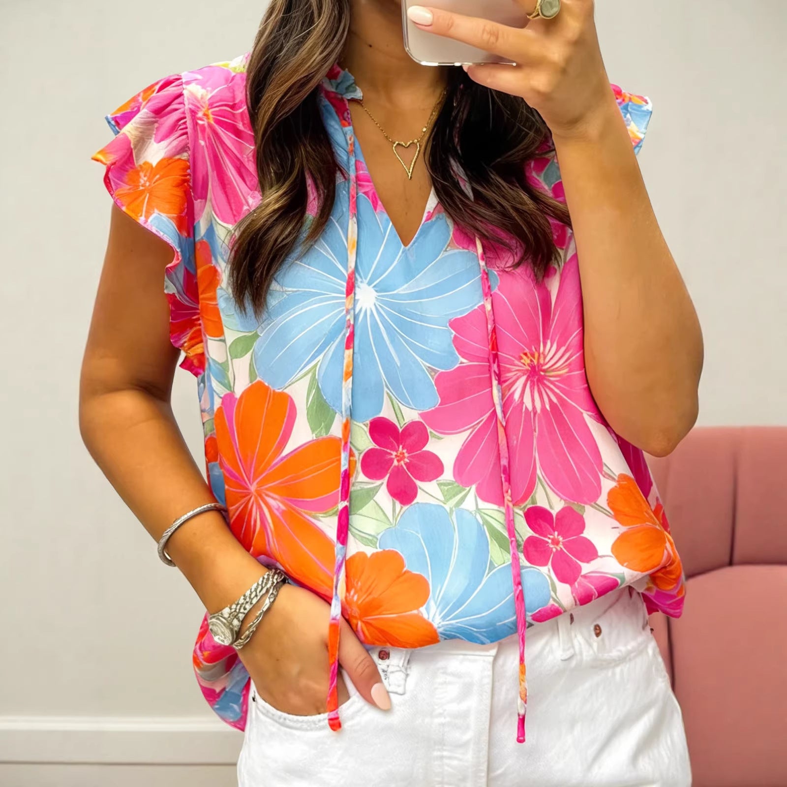V-neck Printed Shirt Womens Colorful Short-sleeve Top