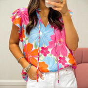 V-neck Printed Shirt Womens Colorful Short-sleeve Top
