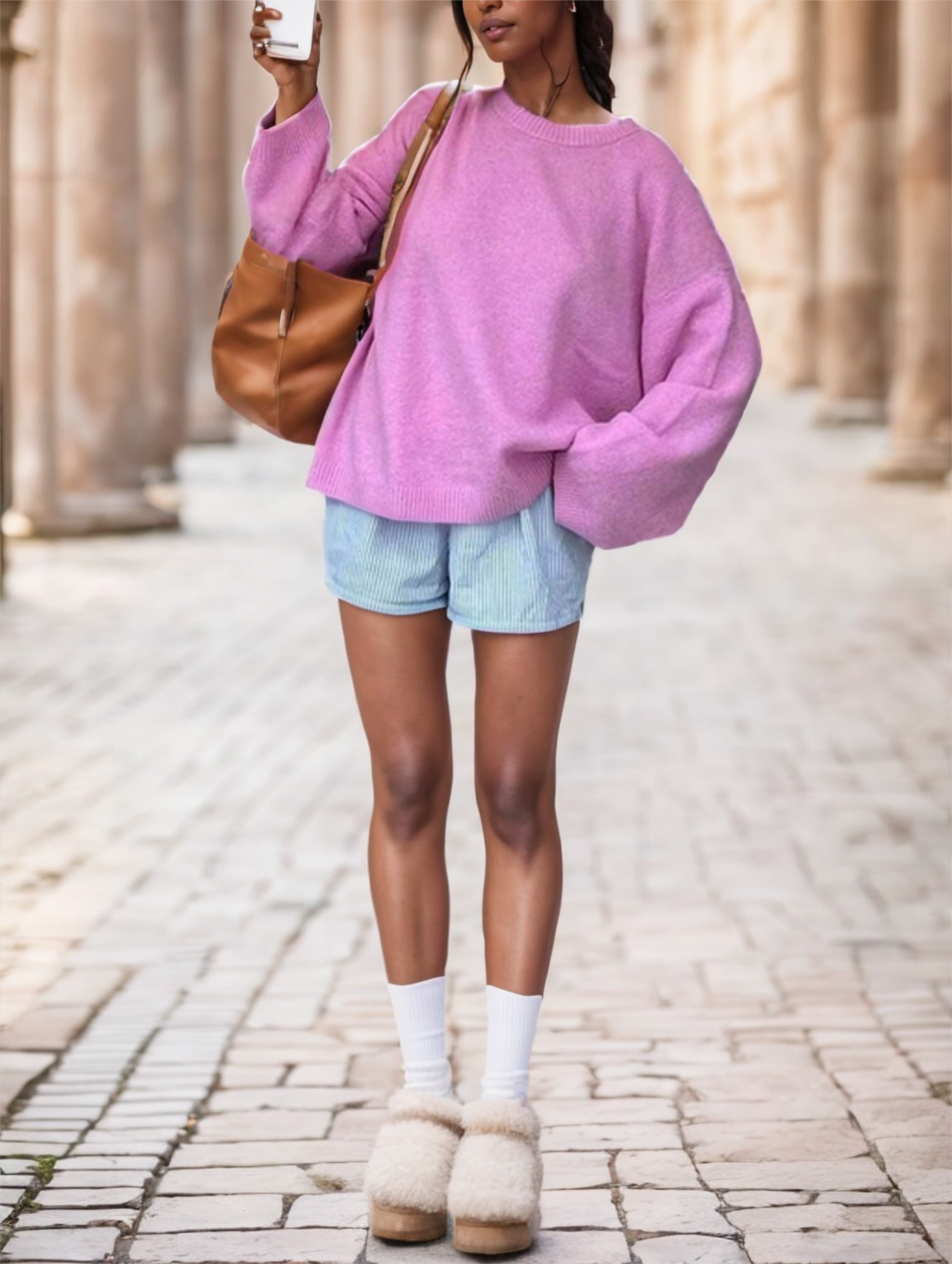Spring And Autumn Winter New Romantic Pink Round Neck Long Sleeve Knitted Women's Sweater