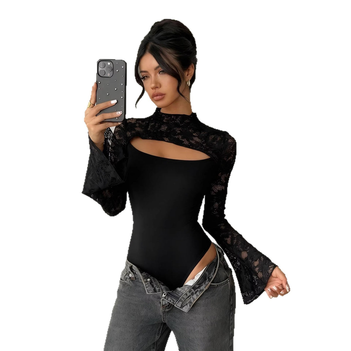 Women's Sexy Lace Hollow-Out Long Sleeve Jumpsuit