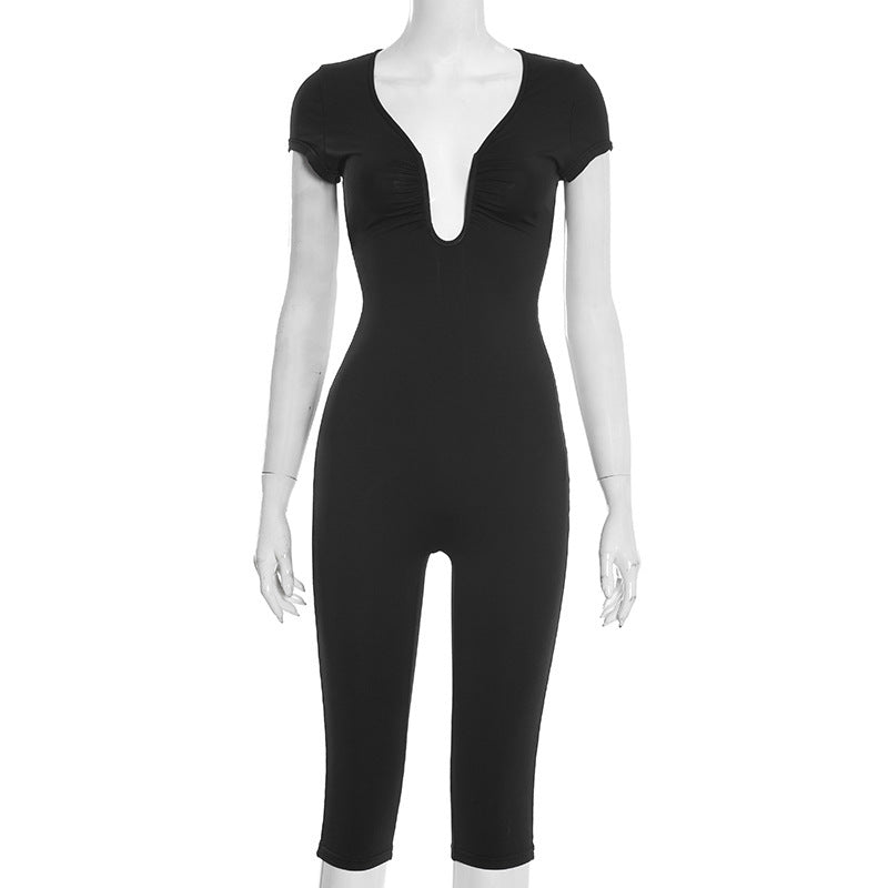 Womens Solid-color Slimming U-neck Jumpsuit