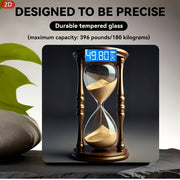 Wooden Frame Glass Hourglass Sand Timer – 2D Flat Design with Curved Symmetrical Glass, Indoor Temperature Display (10.23 × 10.23 cm)