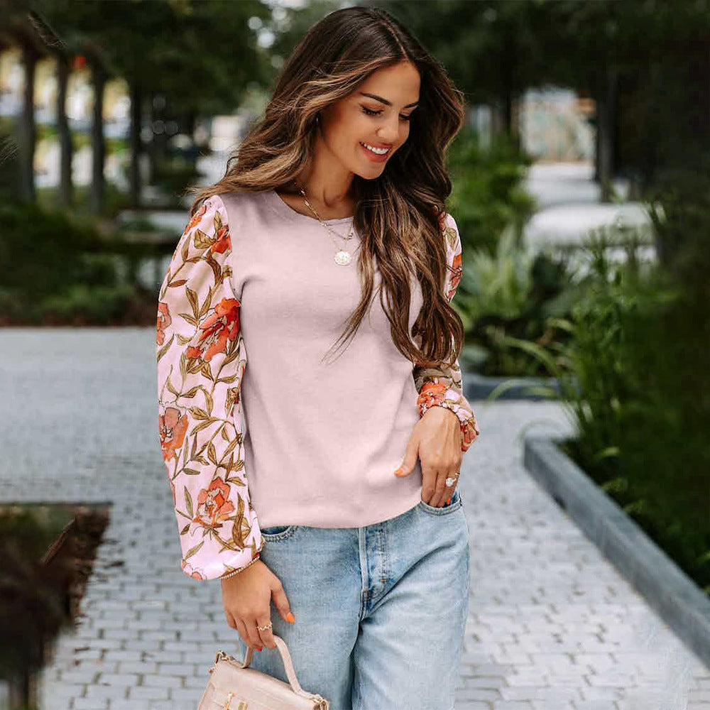 Chic Printed Lantern Sleeve Casual Pullover Sweater