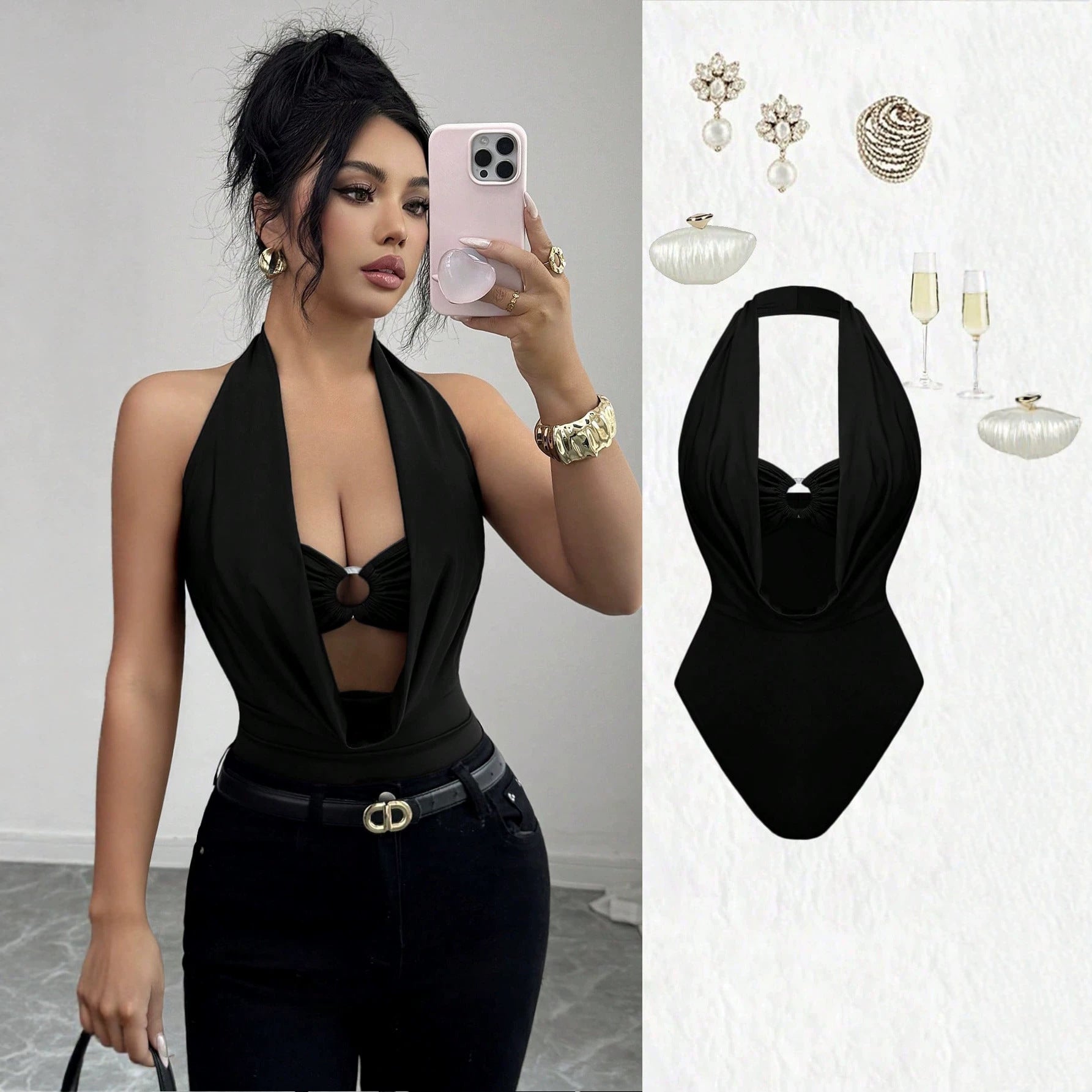 Womens Solid-color Deep V-neck Halter Hollow-out Ring-design Figure-flattering Jumpsuit