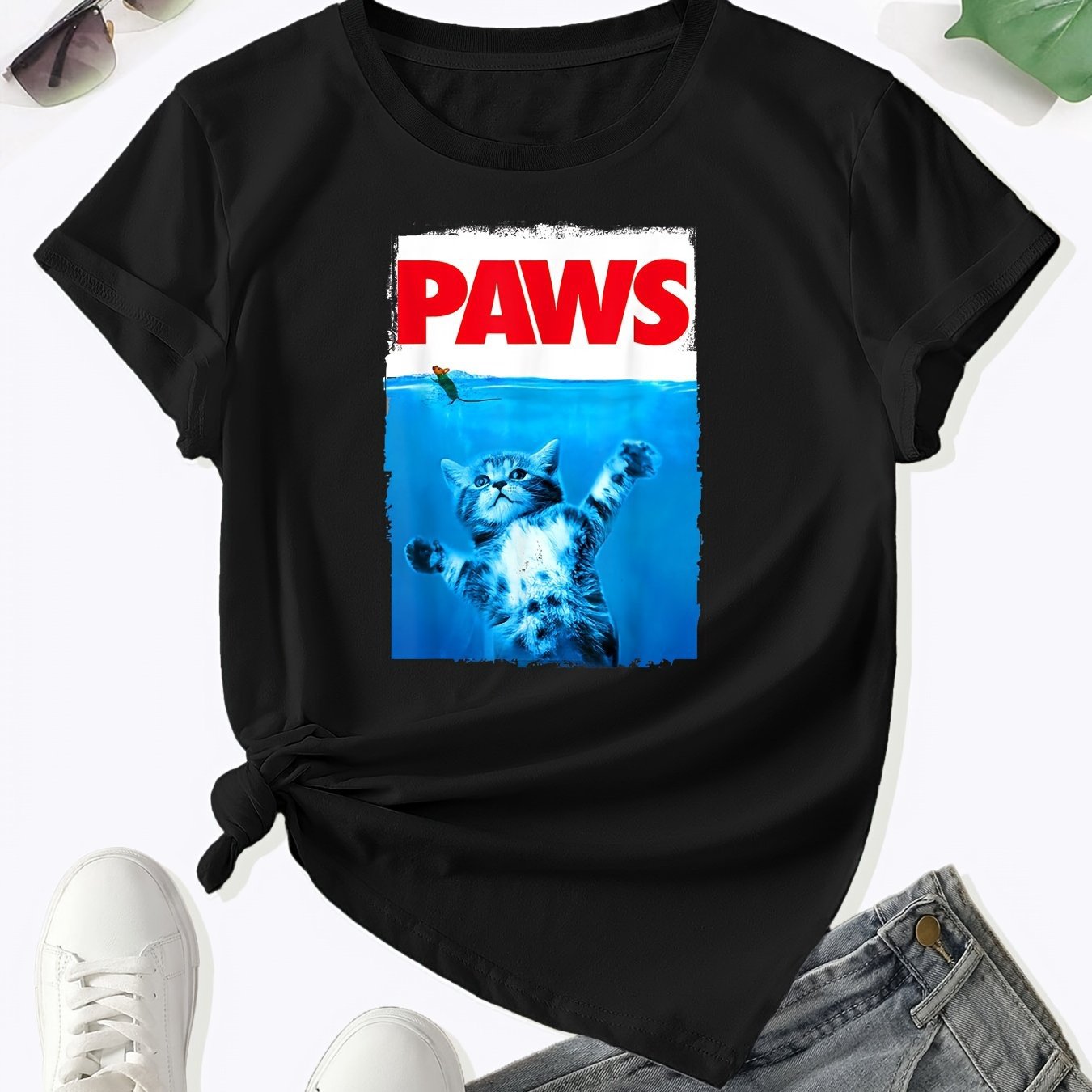 Cat Print Casual Crewneck T‑Shirt – Soft Cotton, Short‑Sleeve
