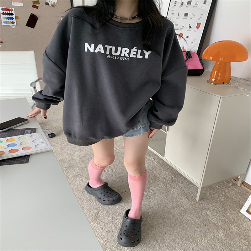 Cozy Fleece-Lined Letter Print Loose Long Sleeve Sweater