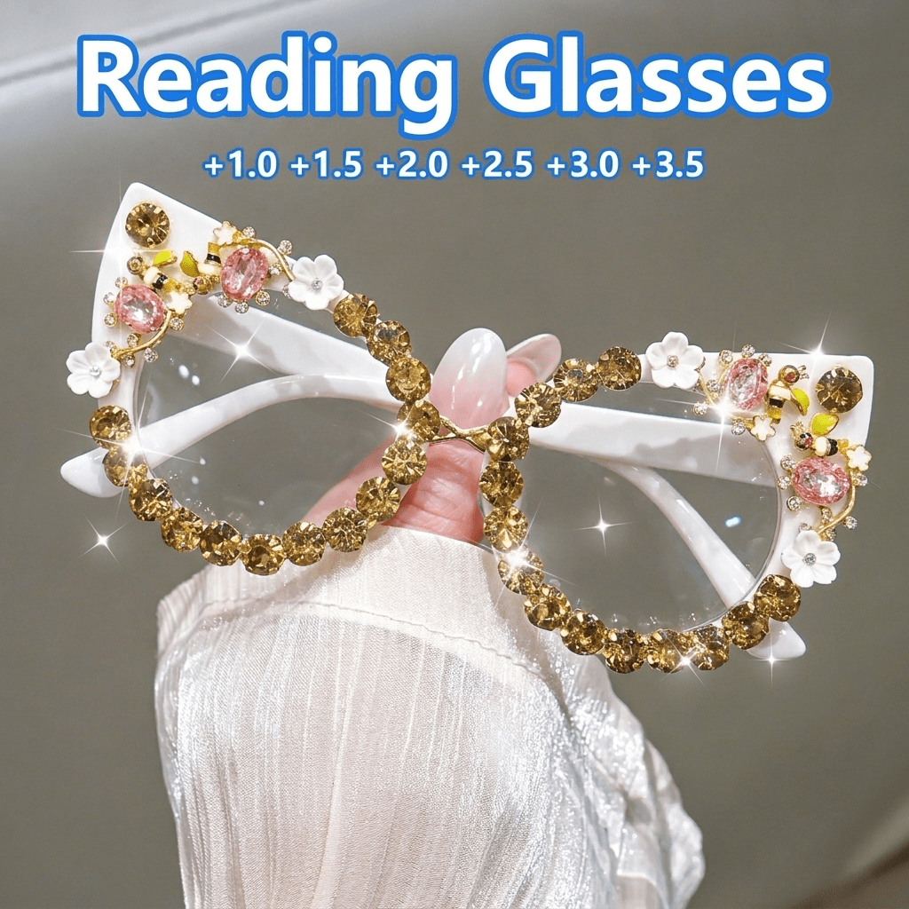 Cat-Eye Glasses with Large Floral and Gemstone Details – Fashionable Unisex Style for Sparkling Parties