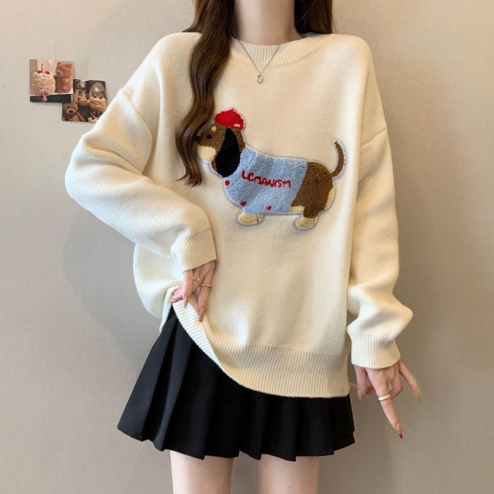 Crew-neck Cute Dog-embroidered Pullover Sweater