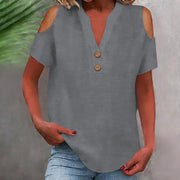 Solid-color Stand-up Collar Buttoned Off-shoulder Short-sleeve Shirt