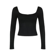 French Pure Desire Square Collar Lace Bow Long Sleeve Top For Women