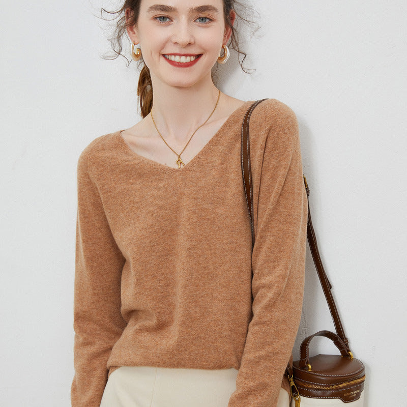Pure Wool V-Neck Long-Sleeve Sweater for Women