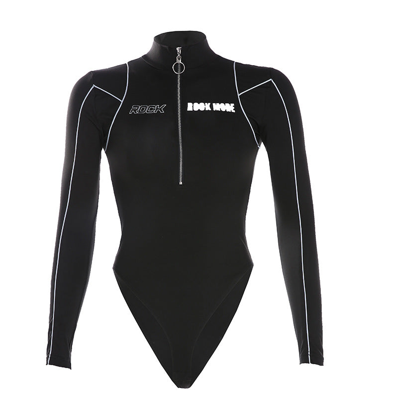 Reflective Line Biker Turtleneck Bodysuit Jumpsuit