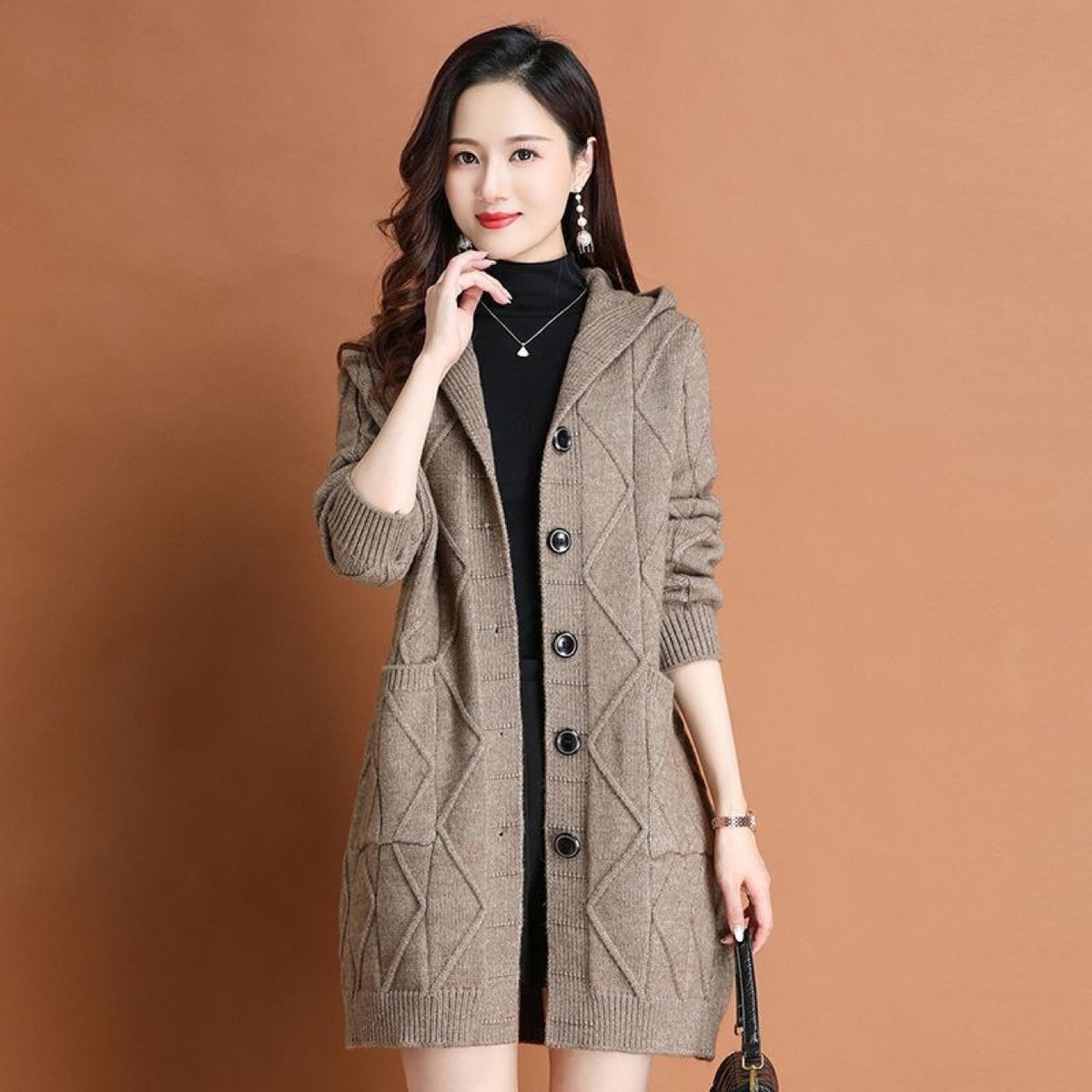 Womens Hooded Sweater Mid-length Coat
