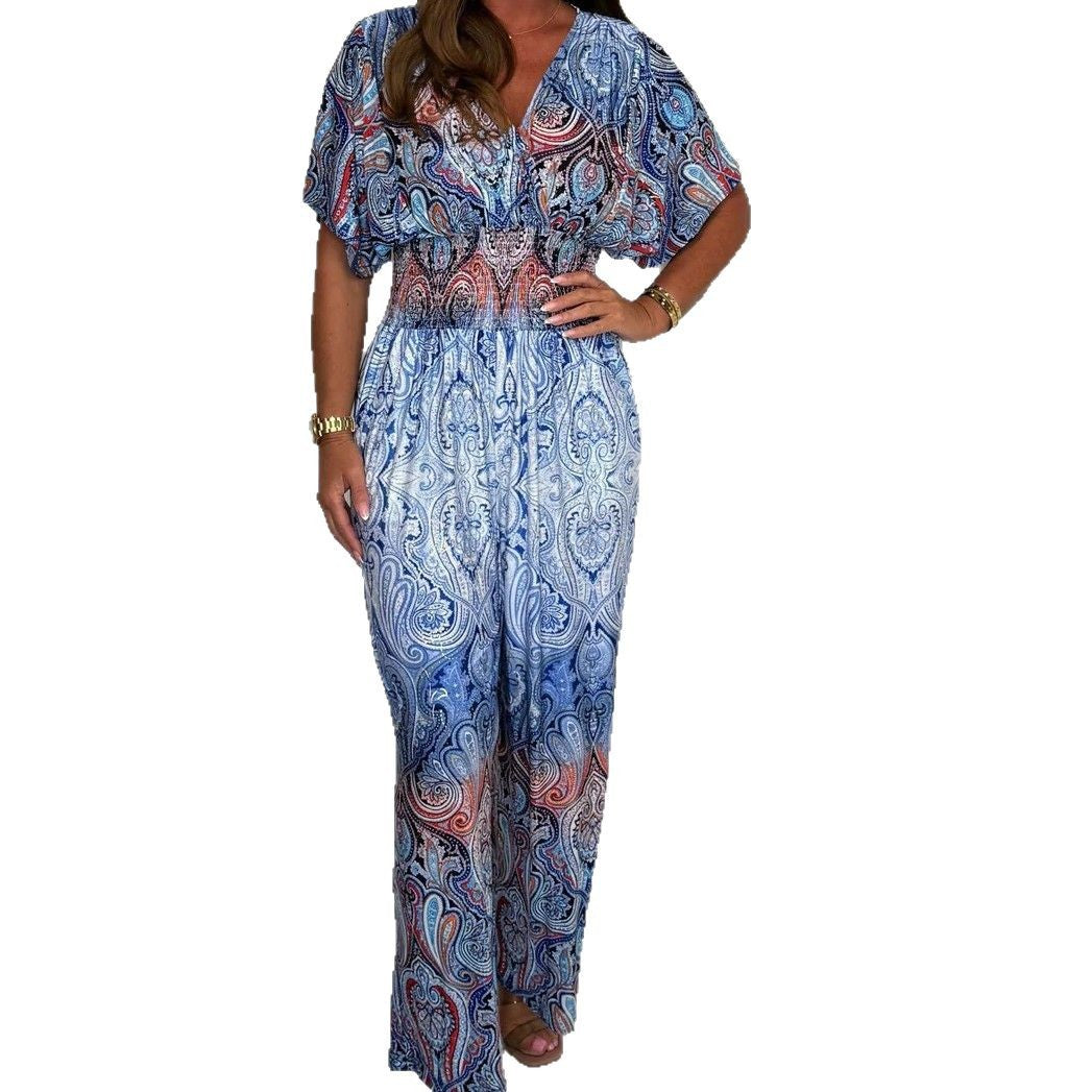 Chic V-Neck Multicolor Print Casual Women's Jumpsuit
