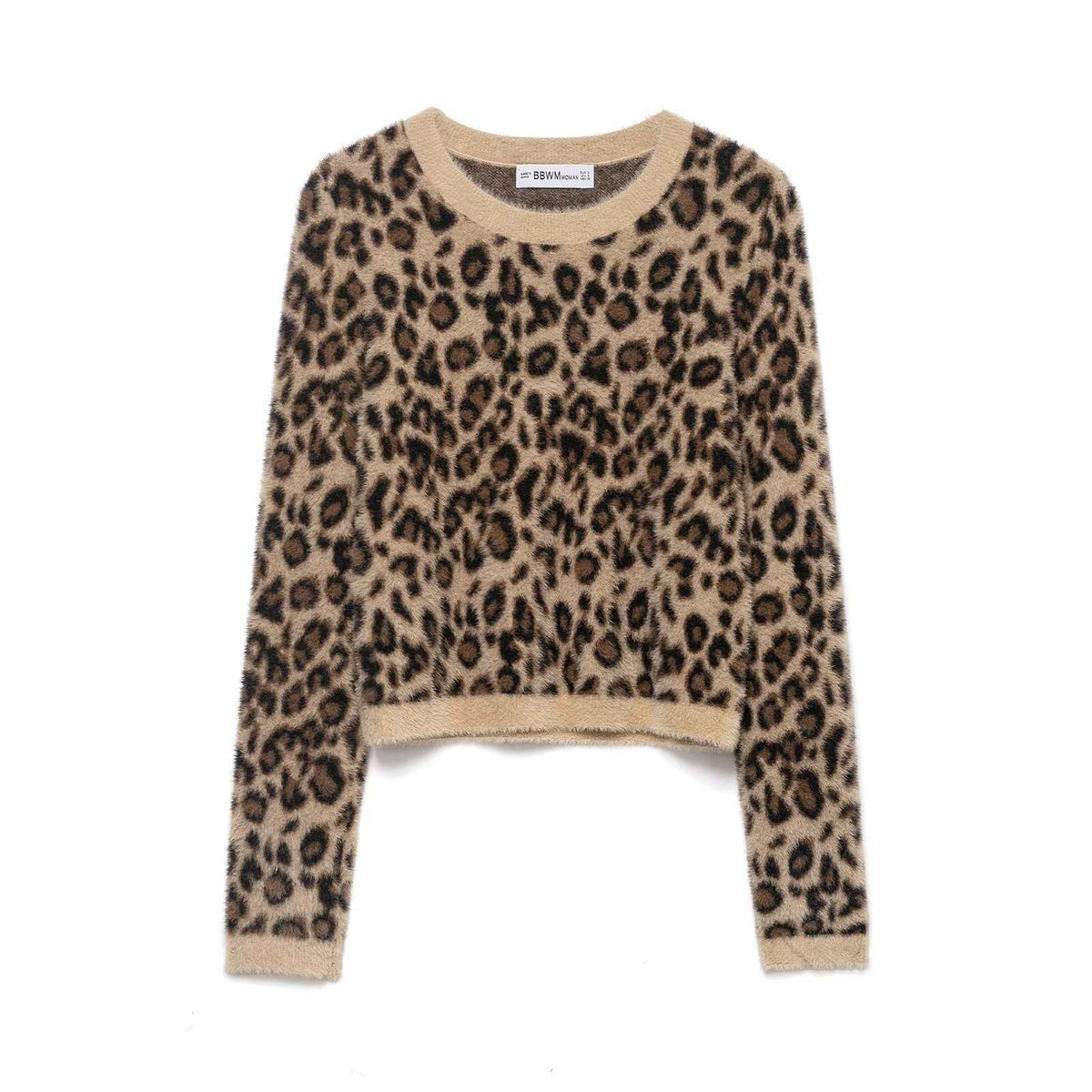 Retro Leopard-print Crew-neck Cropped Knitted Sweater