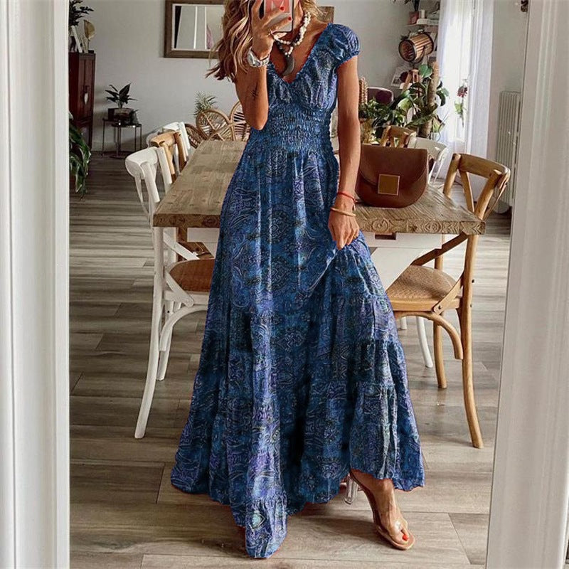 Bohemian Floral Print Cinched Waist Summer Dress