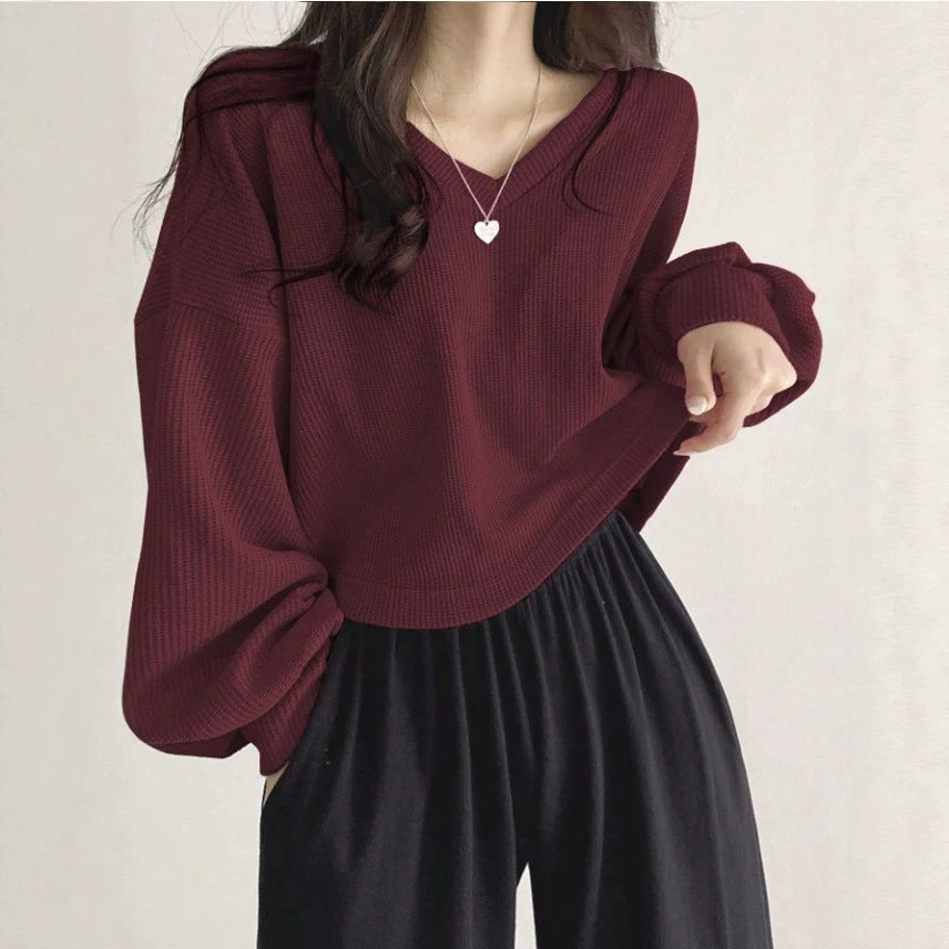 Womens Casual Versatile Solid-color Pullover Knit Sweater Top