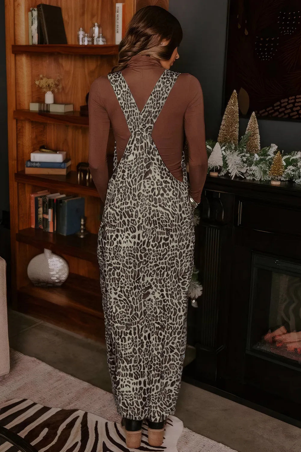 Leopard Print Straight Leg Denim Overalls