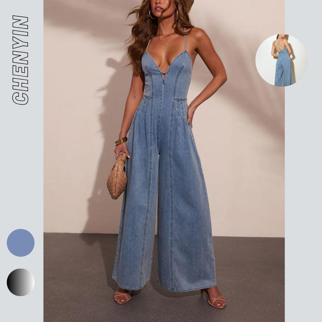 Women's High-Stretch Denim Wide-Leg Jumpsuit
