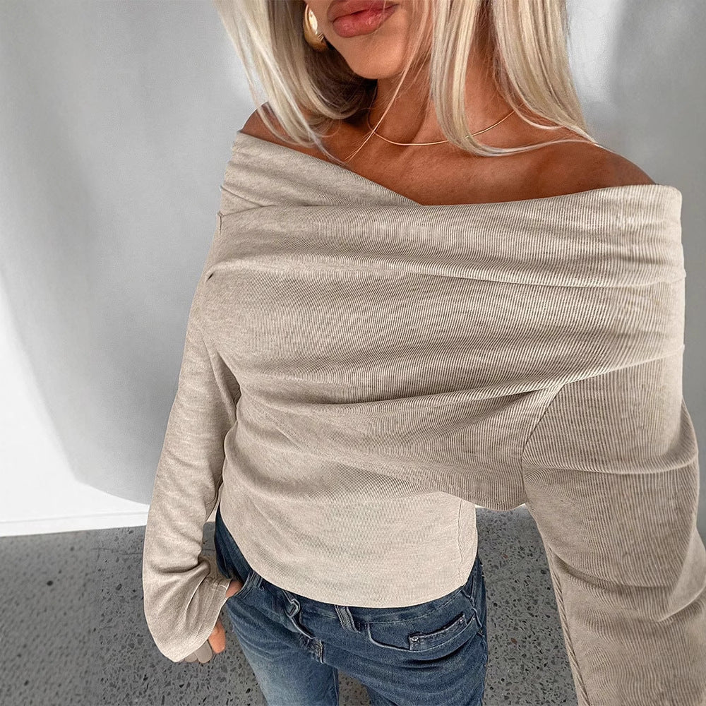 Fashionable and Sexy Off-shoulder Long-sleeve Solid-color Womens T-shirt