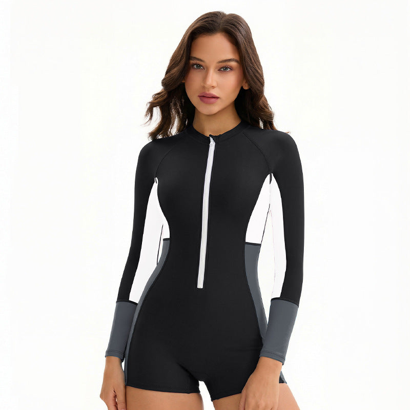 Women's Long-Sleeve Color-Block One-Piece Swimsuit