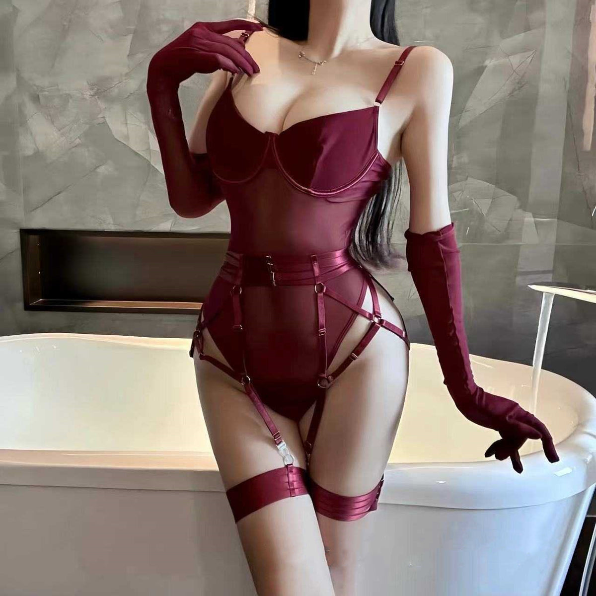 Sleek Mesh Stitching Sexy Jumpsuit with Gloves