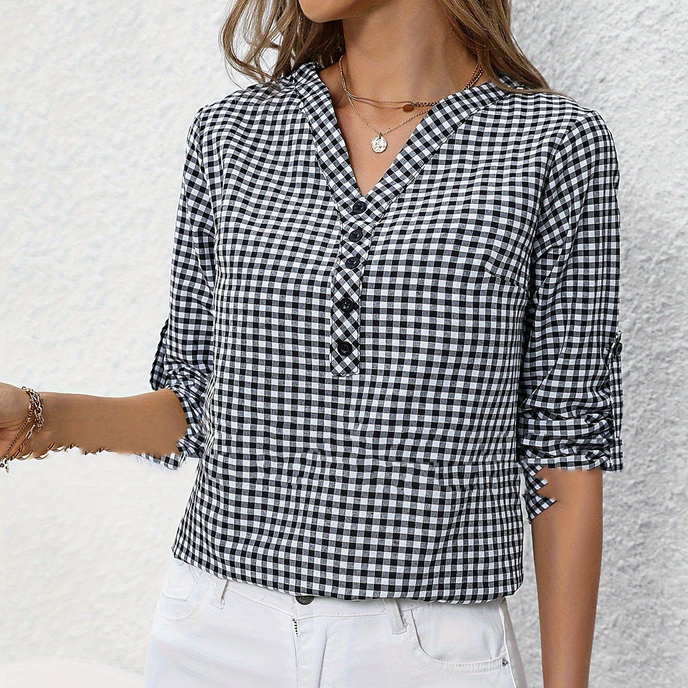 Elegant Retro Plaid Striped Three-quarter Sleeve Shirt