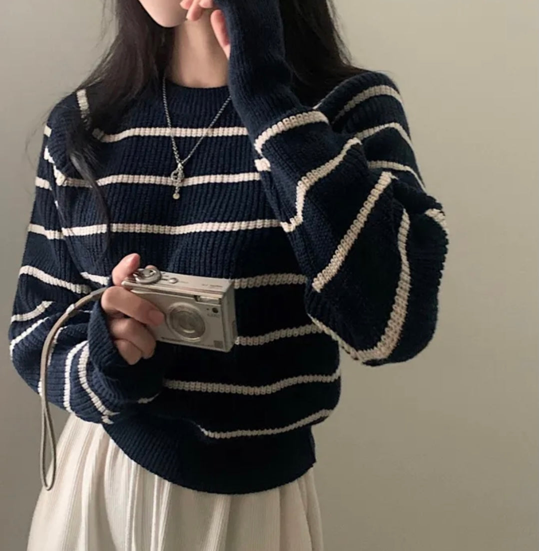 Autumn and Winter Contrast Color Striped Crew Neck Pullover Sweater