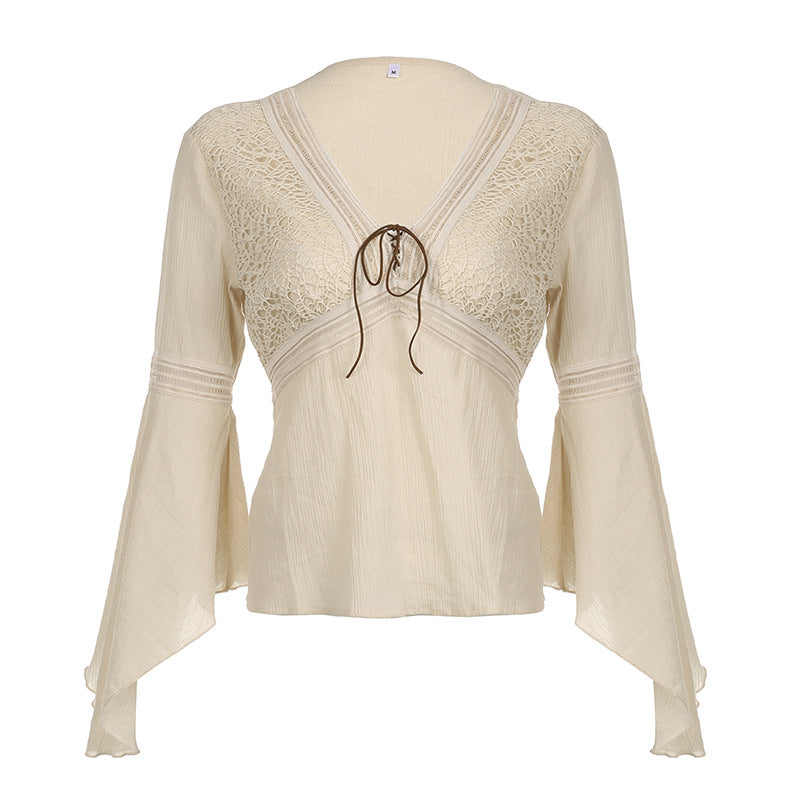 Ethnic Style Retro Plaid V-neck Lace-up Mesh Flared Long Sleeve Shirt
