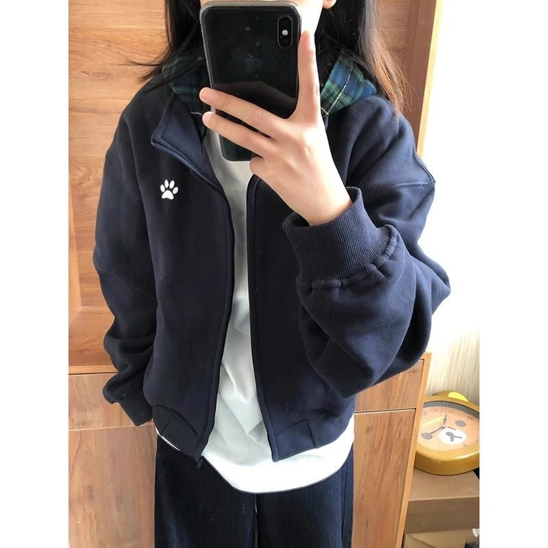 Retro Plaid Hoodie Korean Style Women Sweater