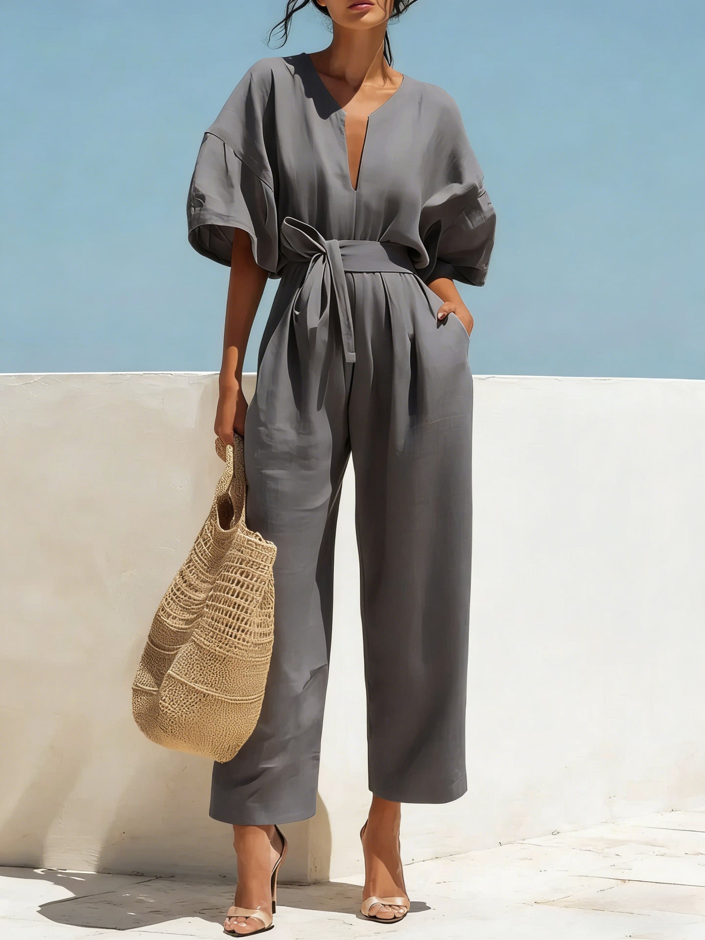 Women's Cotton Linen V-Neck Wide-Leg Jumpsuit