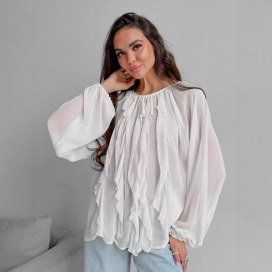 White Ruffled Long‑Sleeve Patchwork Top – Soft, Loose‑Fit Comfort