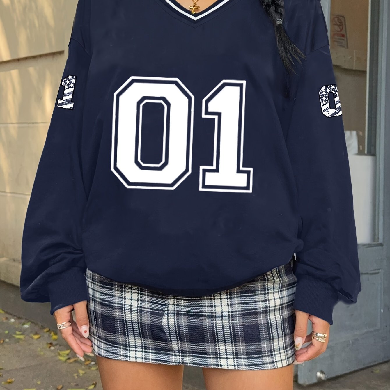 Women's Plus Size Digital Print Football V-Neck Long Sleeve Shirt