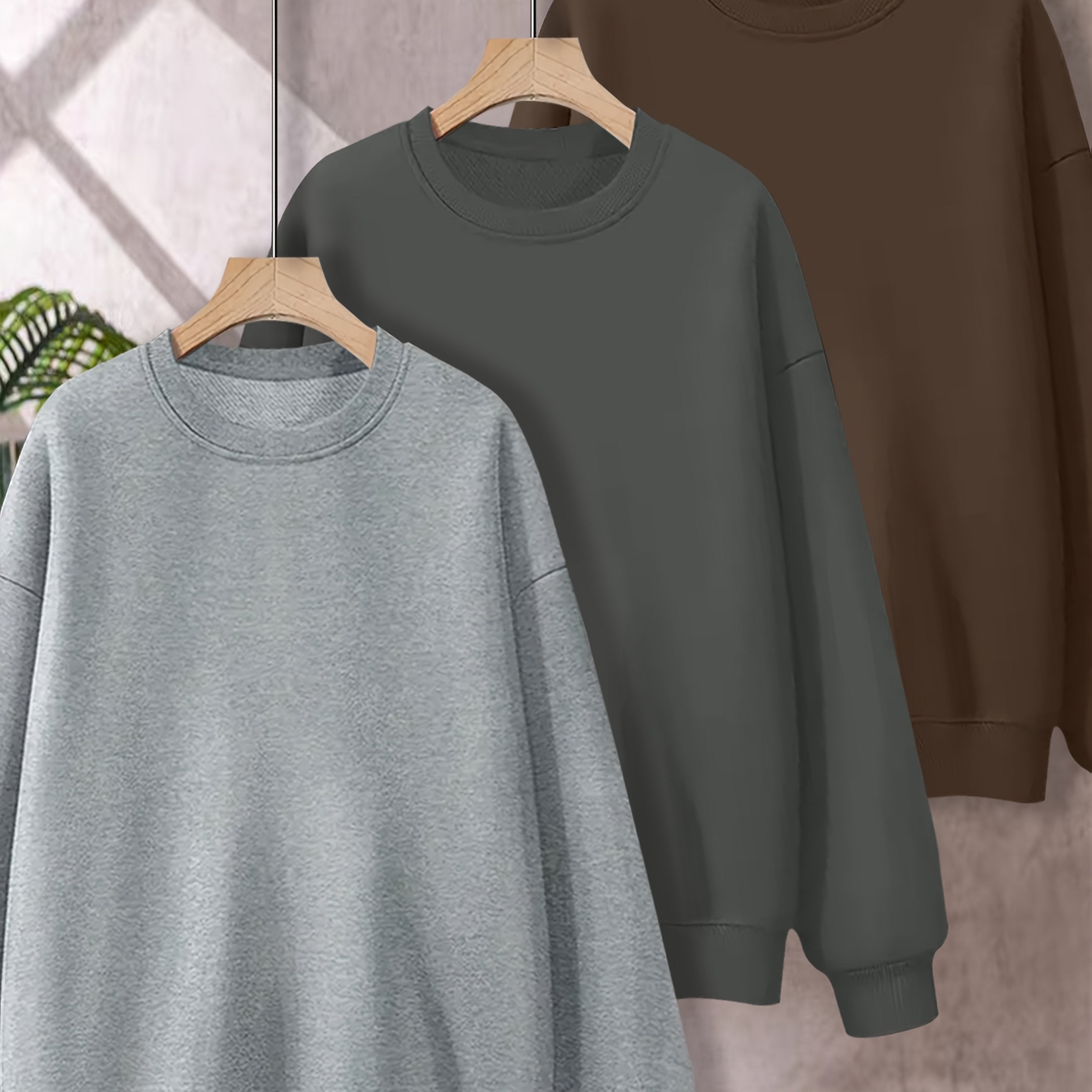 Plus Size 3‑Piece Sweatshirt Set – Women's Casual Crew Neck, Solid Color