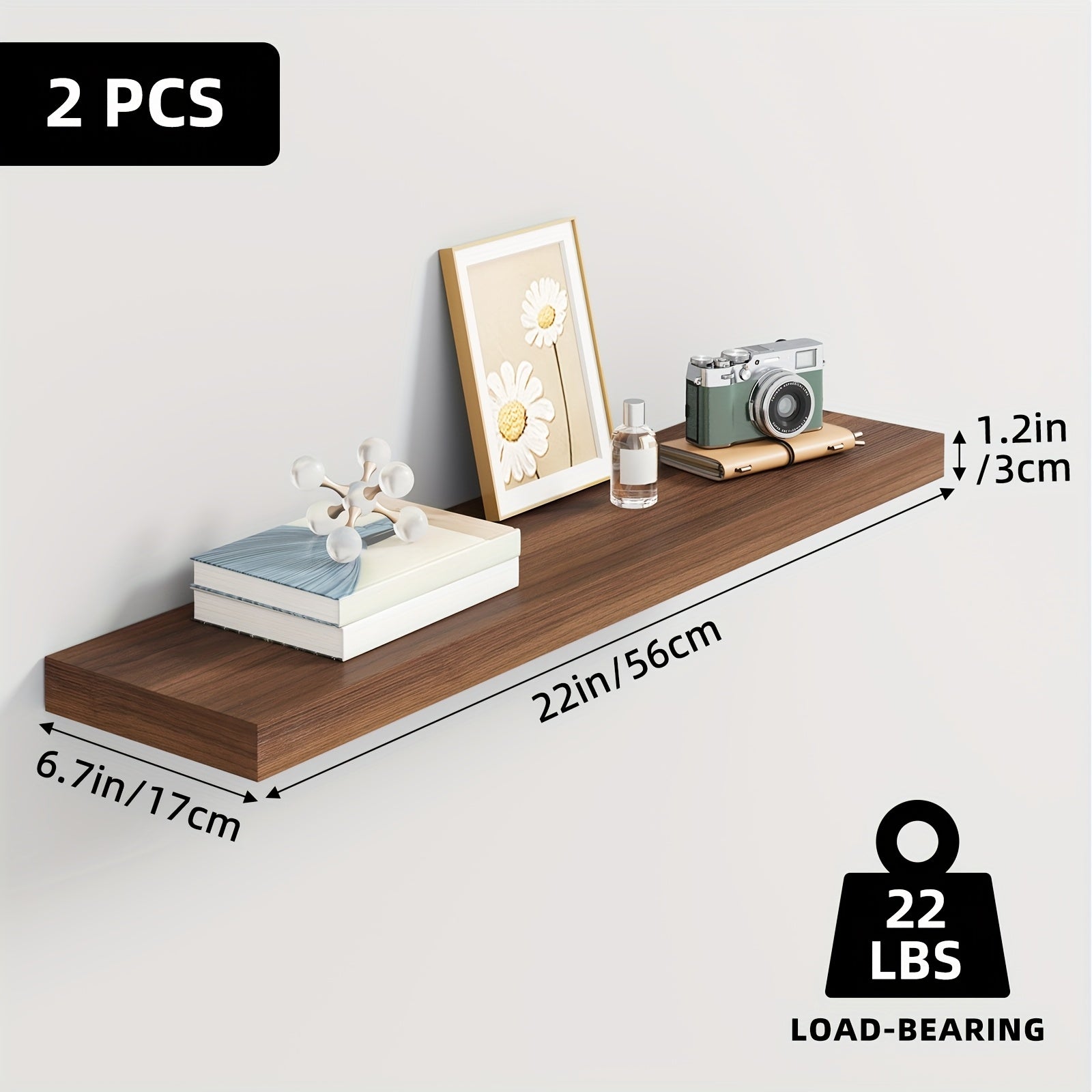 Set of wooden floating shelves for wall-mounted storage