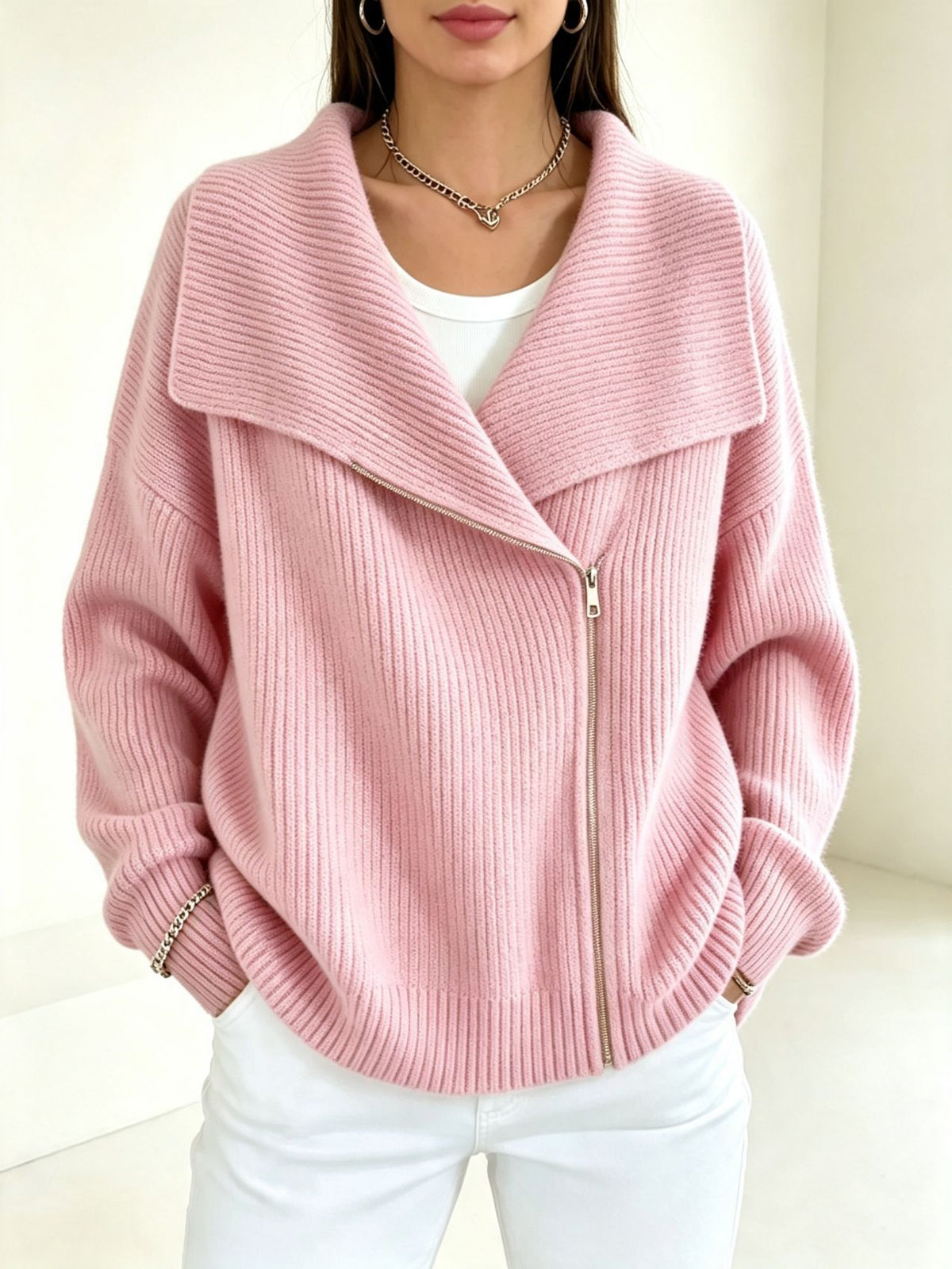 Notch-collar Double-zip Knit Cardigan Womens Top