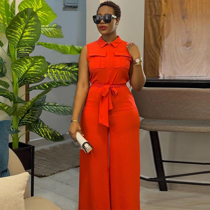 Sleeveless Wide Leg Jumpsuit with Pocket & Waist Trimming