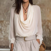 Chiffon Long-sleeve Shirt With Draped Pleats And Balloon Sleeves Top