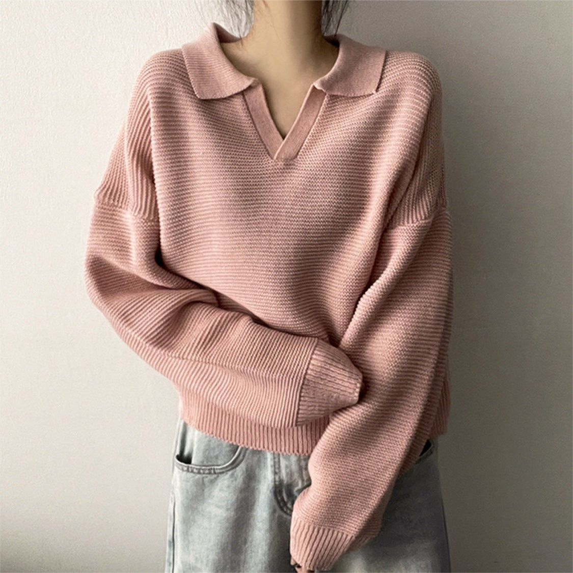 Winter Lapel Pullover Knitting Korean Style Sweater Thick Solid Color and V-neck Sweater