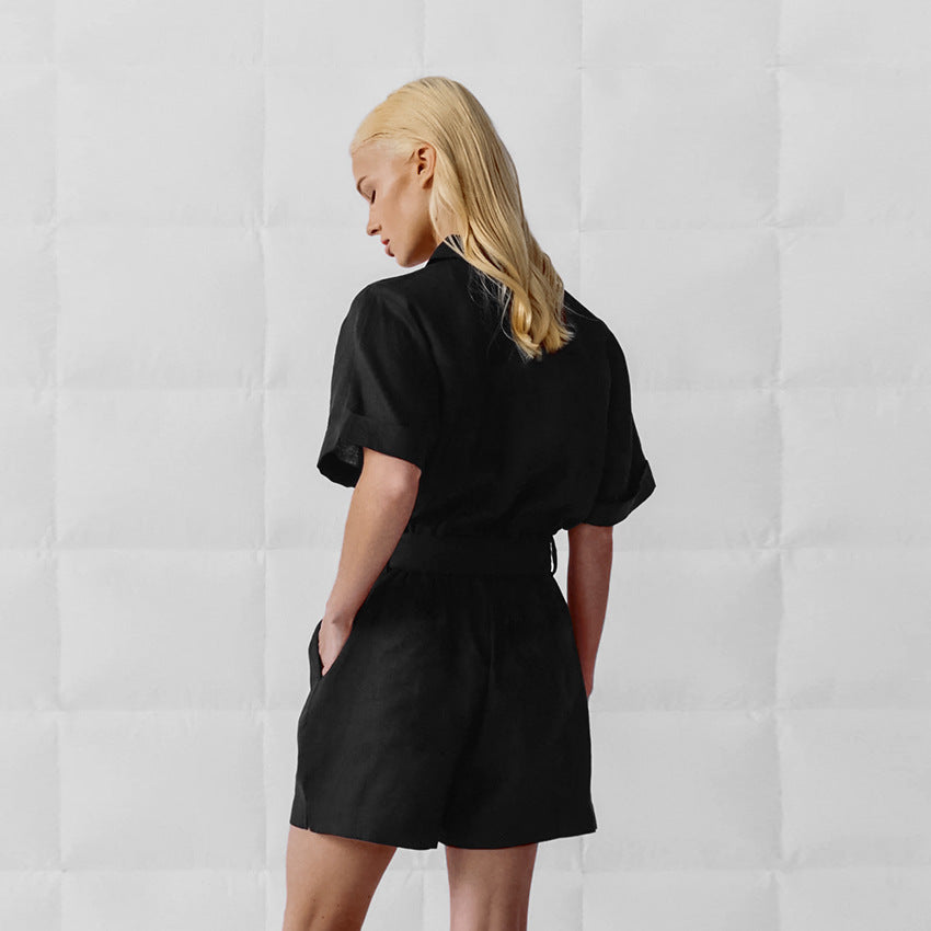 Women's Retro Lapel Wide-Leg Romper with Lace-Up Waist