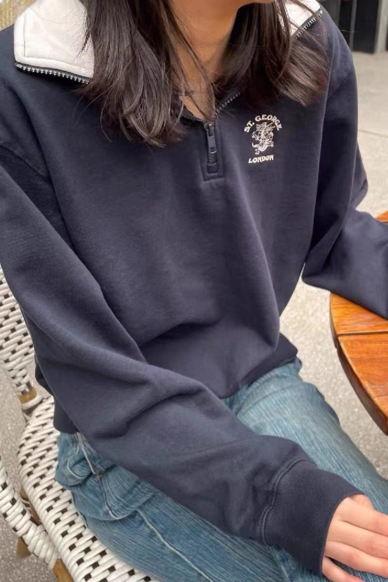 Vintage Embroidered Half-Zip Stand Collar Women's Sweater