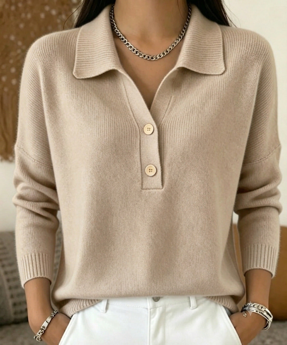 Women 's Polo Collar Knit Sweater Half Button V Neck Solid Color Loose Long Sleeve Elegant Trendy Casual Fall Winter Knit Top