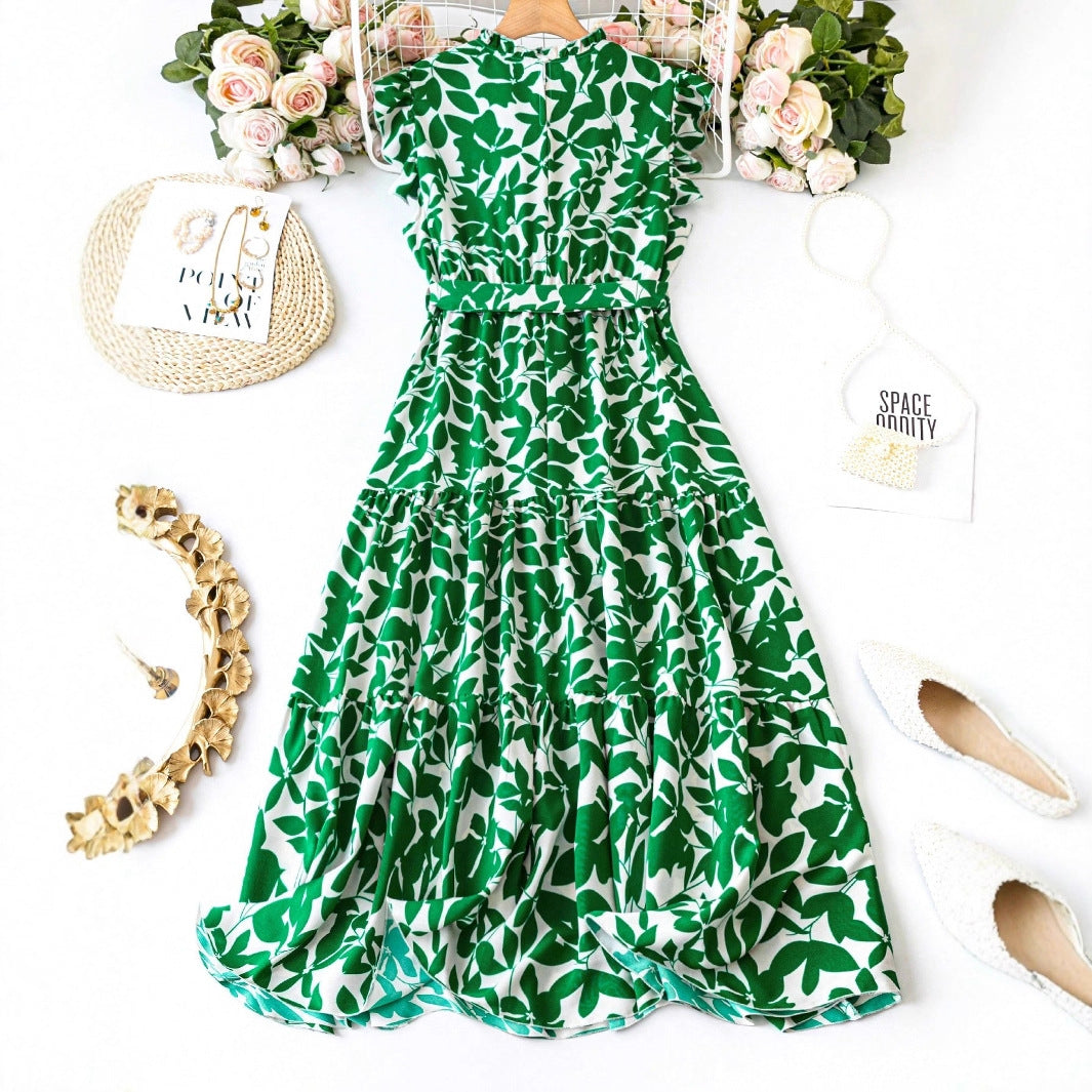 Plus-size Womens Elegant Printed Waist-cinching Sleeveless Dress