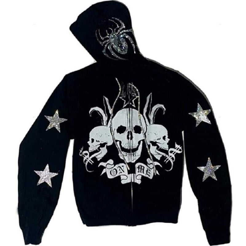 Rhinestone Spider Zip-Up Cardigan Jacket
