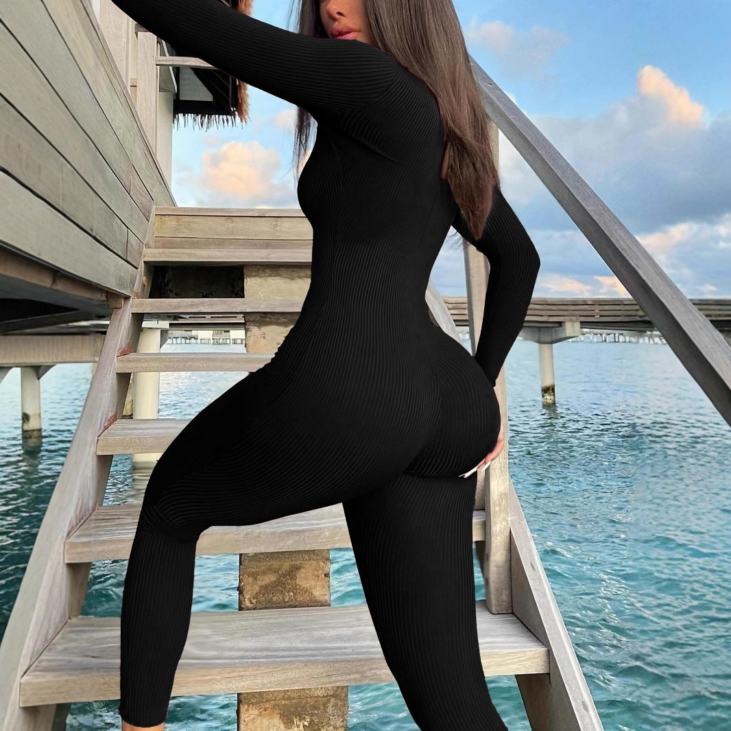 Casual Ribbed Long-Sleeve Zip-Up Jumpsuit