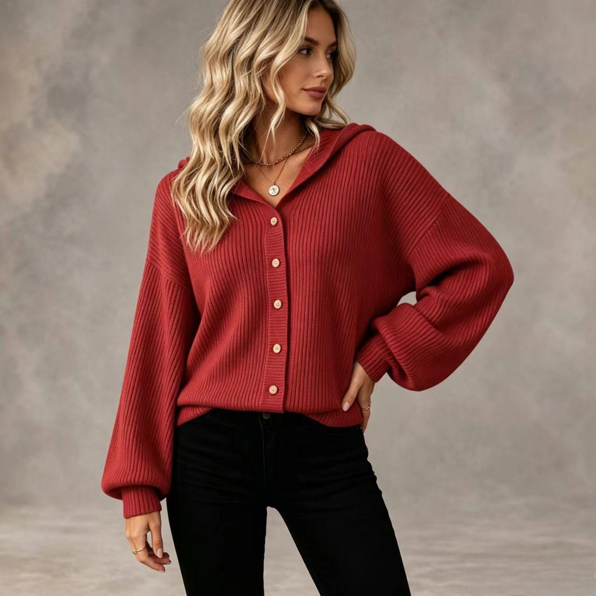 Hooded Knitted Cardigan Loose-sleeved Corduroy Coat with Buttons for Women