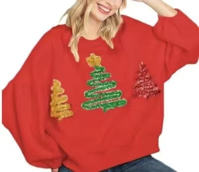 Women's Festive Christmas Tree Long Sleeve Casual Pullover Sweater