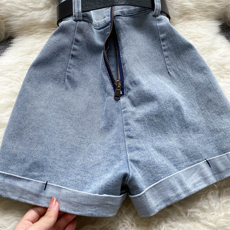 Women's High-Waist Denim Romper Casual Wide-Leg Jumpsuit