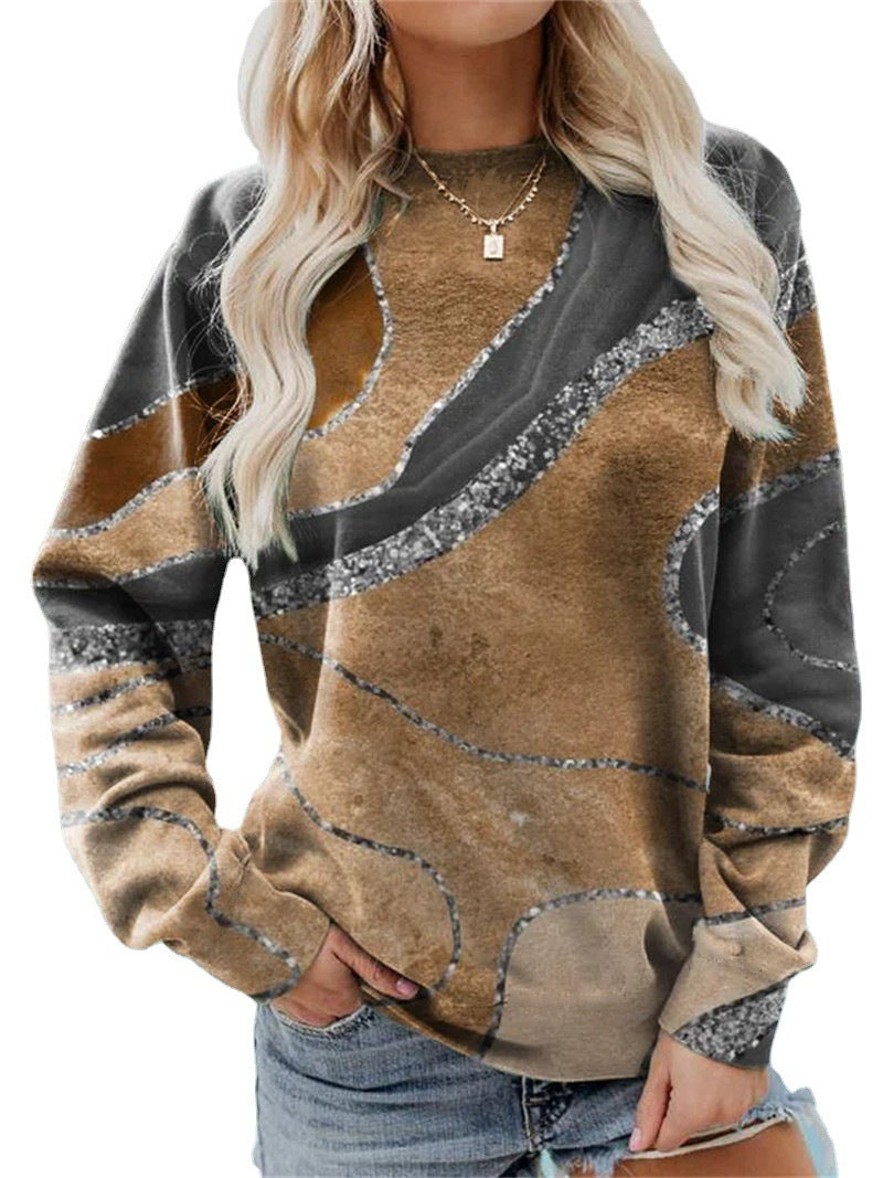 Women's Casual Geometric Loose Print Long Sleeve Round Neck Sweater
